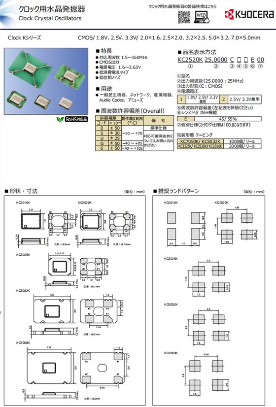KC2016K，KC3225K,KC5032K,KC7050K規格
